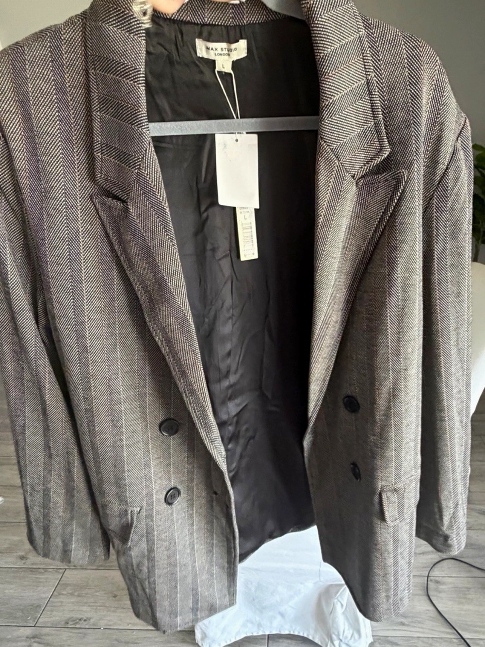 Max Studio Men's Black & Gray Pinstripe Double-Breasted Peacoat